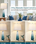 Glass Table Lamps Set Of 2 With Touch Control, 3 Way Dimmable, USB A C Charging, Sleek Teal Gradient Finish, White Fabric Shade