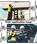 Workers using heavy-duty equipment with 8 Pack Wheel Trolley Barn Door Rollers For One And Three Quarter Inch Wide Tracks And Two And Quarter Inch Or Taller Rails Solid Steel Construction.