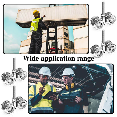Workers using heavy-duty equipment with 8 Pack Wheel Trolley Barn Door Rollers For One And Three Quarter Inch Wide Tracks And Two And Quarter Inch Or Taller Rails Solid Steel Construction.