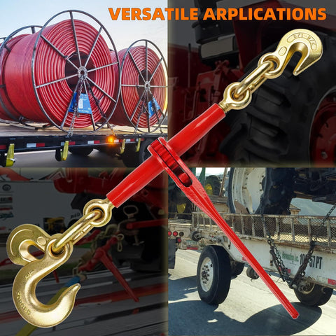 Two Pack Ratchet Load Binder Set 3/8 To 1/2 Inch With 1/2 Inch Grab And Slip Hooks, securing heavy cargo on transport vehicles.