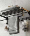 24 Inch Foldable Towel Rack With Movable Hooks And Towel Bar, Space Saving Wall Mount Shelf For Tiny Bathrooms, Rustproof Aluminum, Matte Black Finish