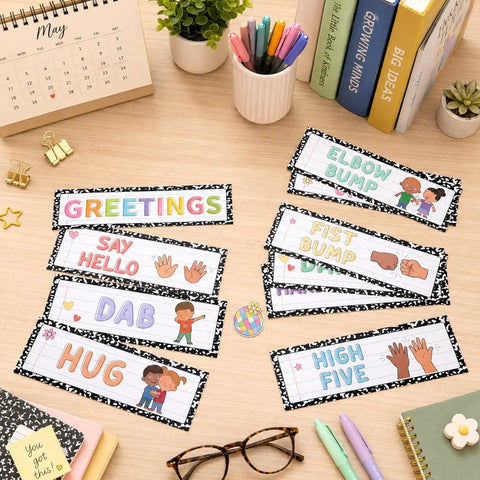 15 Piece Classroom Rules Posters And Greeting Cards Set with greetings like "High Five" and "Hug," on a desk with supplies