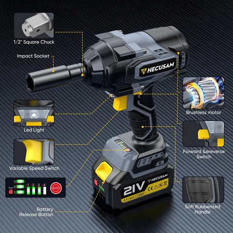 Pro Level Bad Boy 1/2 Inch Cordless Impact Wrench 1328 Ft Lbs Peak Torque Brushless Motor features 1/2" square chuck, LED, and variable speed.