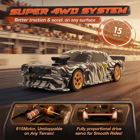 Mini 1/43 Scale Drift RC Car With Gyro And 2.4GHz Proportional Remote, Indoor Micro Racer, camouflage finish, on track
