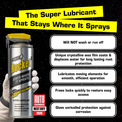Image of Rocket TT Super Lubricant can with features listed on the packaging, including protection and locking mechanisms.