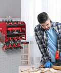 Power Tool Organizer Wall Mount With Charging Station, Built In 4 Drill Holders And 8 Outlet Power Strip, red steel rack with tools