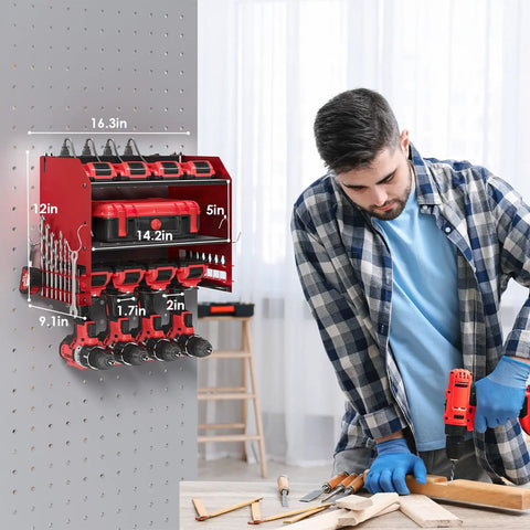 Power Tool Organizer Wall Mount With Charging Station, Built In 4 Drill Holders And 8 Outlet Power Strip, red steel rack with tools