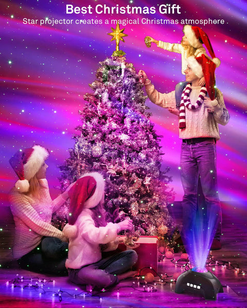 Family decorating Christmas tree with Northern Lights Aurora Projector With Star Projector And Music Speaker For Home Decor.