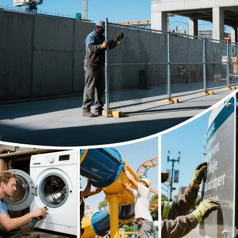 Worker installing a chain link fence using tools, showcasing heavy-duty applications on a construction site.