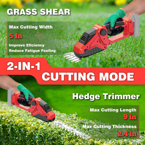 2-In-1 Cordless Hedge Trimmer And Grass Shears, 2200 RPM Handheld Electric Trimmer for Shrubs and Lawn Care Cutting Mode Display