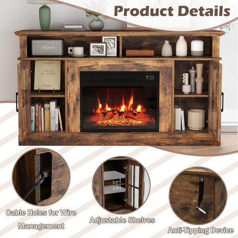 Electric Fireplace TV Stand For 65 Inch TVs With 23 Inch Fireplace Insert, cozy media console, brown finish, 58 inch, product details