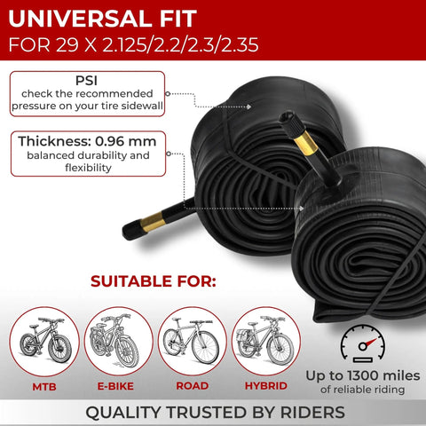 Pack Of 2 29 Inch Bike Inner Tubes Fits 29 X 2.125/2.2/2.3/2.35 Tires, 48mm Schrader Valve AV Car Type, Butyl Construction, rolled tubes