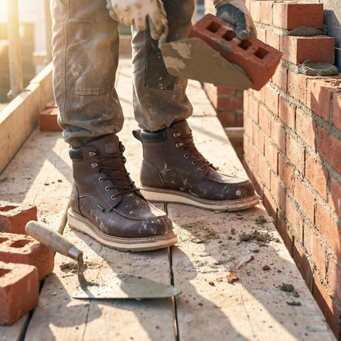 Construction worker wearing Six Inch Steel Toe Boots With Moc Toe, Lace Up Safety Boots For Men, Oil And Slip Resistant, Water Resistant Microfiber Construction, Built Tough Industrial Footwear For The Jobsite In Dark Brown, building brick wall.