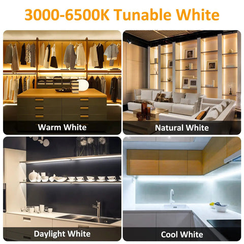 Hand Wave Activated 20ft Tunable White LED Strip Light With 672 LEDs Dimmable 3000K 6500K 24V lighting variations in rooms