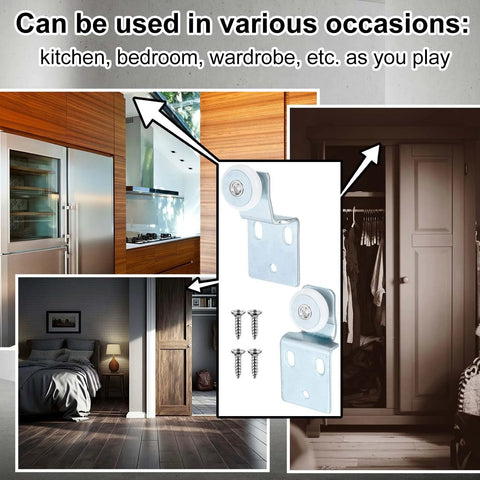 Sixteen Pack Sliding Closet Door Roller Kit With Screws For Top Hung Bypass Wardrobe Doors Includes One Half Inch And Three Eighths Inch Offset Rollers Hardware And Installation Screws For Quick Easy Fitting shown in various door settings