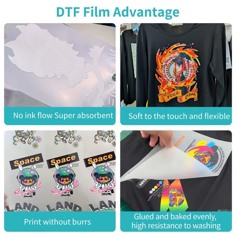 Top Shelf DTF Transfer Film Roll 13x328ft Direct To Film For T Shirts And Textiles, showing features like absorbency and flexibility.