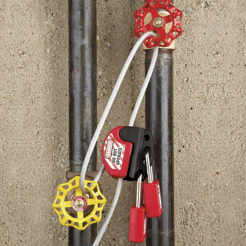 Adjustable Lockout Tagout Steel Cable Four Millimeter Diameter Six Foot Pull Tight With Integrated Hasp Black Red