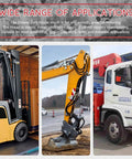 Image showing a forklift, excavator, and truck, illustrating applications of the Hydraulic Zerk Fittings Kit With Caps, 156 Pcs SAE And Metric Grease Fittings, Heavy Duty Brass Construction, Anti Corrosion, Smooth Threads, Durable Nipples, Perfect For Repairs And Maintenance.