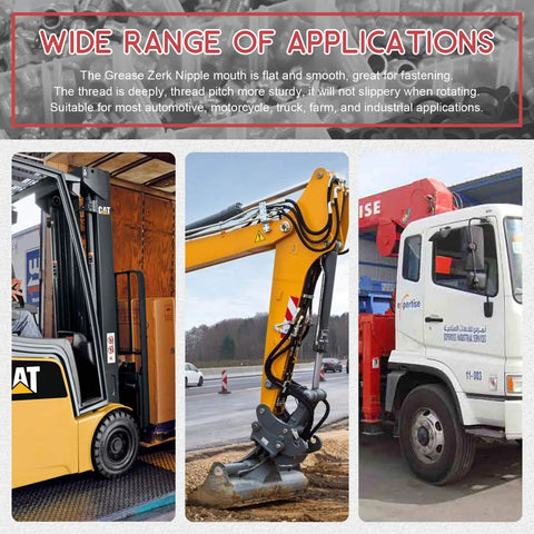 Image showing a forklift, excavator, and truck, illustrating applications of the Hydraulic Zerk Fittings Kit With Caps, 156 Pcs SAE And Metric Grease Fittings, Heavy Duty Brass Construction, Anti Corrosion, Smooth Threads, Durable Nipples, Perfect For Repairs And Maintenance.