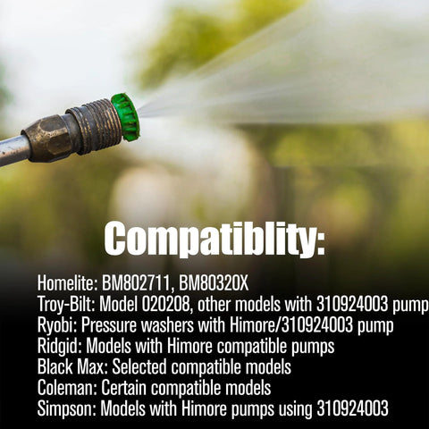 Close-up of unloader valve kit for pressure washer; metal connector with green ring spraying water
