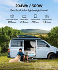Portable 204Wh LiFePO4 Solar Generator with Two 300W AC Outlets by parked van, used for camping and home backup power on the go.