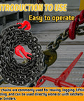 Beefy Three Eighths Inch By Ten Feet Log Chain With Hooks WLL 7100 Lbs Oiled Black Finish coiled with red hooks near ratchet binders