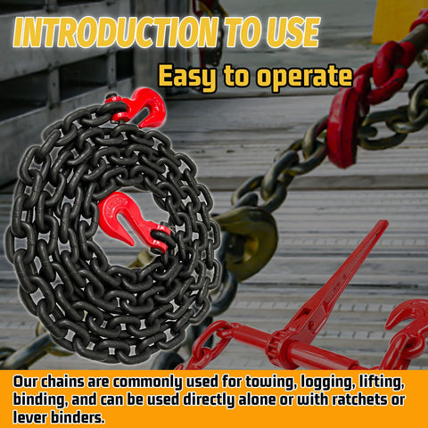 Beefy Three Eighths Inch By Ten Feet Log Chain With Hooks WLL 7100 Lbs Oiled Black Finish coiled with red hooks near ratchet binders