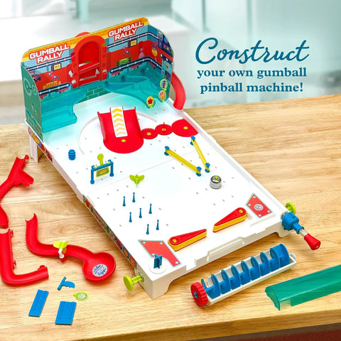 Build Your Own Pinball Machine STEM Kit For Kids And Makers, Gumball Rally Edition on a wooden table with reconfigurable parts