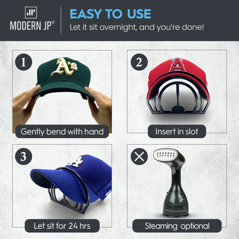 Steps to use Hat Brim Bender Kit 4 Pack With Dual Curve Slots And Steaming Option; shows bending, inserting, setting, and steaming.