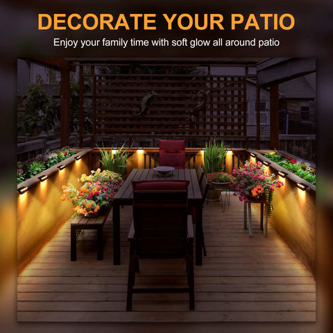 Six LED Solar Fence Lights Outdoor Waterproof Path Lighting For Decks Stairs Porch Balcony Walkways Garden And Yard IP65 16 Pack Warm White No Wiring glowing on patio