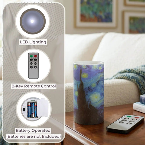 Van Gogh Starry Night Flameless Candles With Remote next to remote, LED lighting features highlighted in living room.