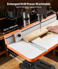 Rock Solid Drill Press Table With Adjustable Fence And Wide T Slots For Locking Down Projects Dead Nuts Precise MDF worktop 12x24 inch setup.