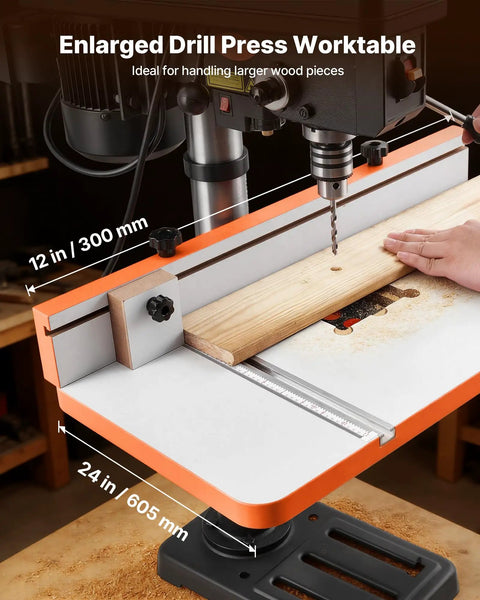 Rock Solid Drill Press Table With Adjustable Fence And Wide T Slots For Locking Down Projects Dead Nuts Precise MDF worktop 12x24 inch setup.
