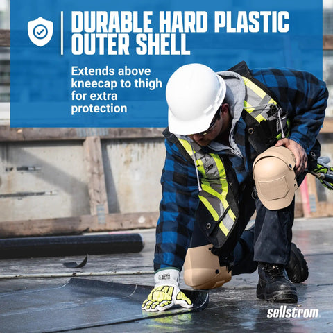 Construction worker wearing Ultra Flex III KneePro Triple Layer Foam Knee Pads With Heavy Duty Shell And Speed Clips, kneeling on site.