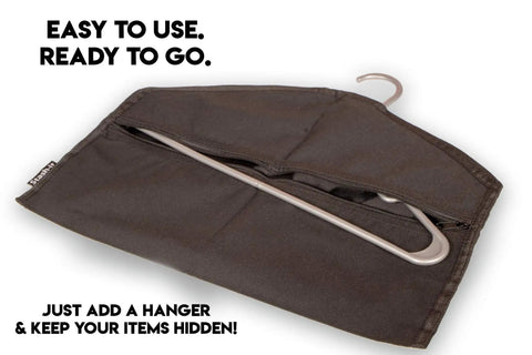 Open Under Clothes Lowkey Hidden Safe Hanger Diversion Pocket showing interior zipper and hanger, ideal for valuables.