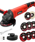 Beast Of A 4-1/2 Inch Angle Grinder With 7.5 Amp Motor 6 Variable Speeds 12000 RPM Includes Safety Guards Cutting Wheels Flap Discs And A Non Slip Handle For Metal And Wood Projects shown with accessories