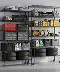 Commercial Wire Shelving Unit With Locking Casters And Adjustable Steel Shelves Heavy Duty Space Saving Storage Rack For Restaurant Garage Pantry And Kitchen Black Finish 45 By 18 By 82 Inches Beast in garage with tools, tires, and bins
