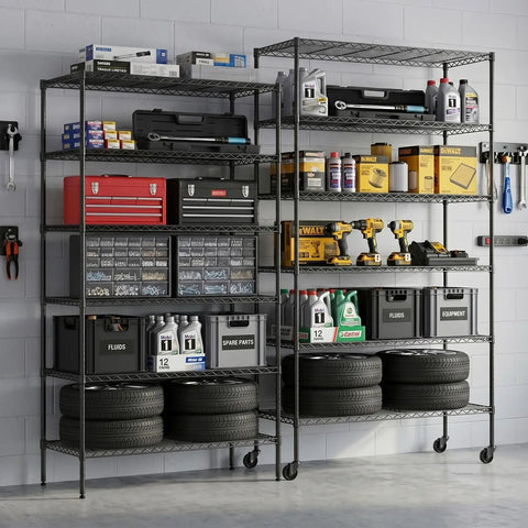 Commercial Wire Shelving Unit With Locking Casters And Adjustable Steel Shelves Heavy Duty Space Saving Storage Rack For Restaurant Garage Pantry And Kitchen Black Finish 45 By 18 By 82 Inches Beast in garage with tools, tires, and bins