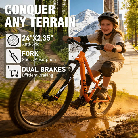 Girl riding 24 Inch Kids Mountain Bike With Front Suspension Fork 6 Speed Gears Built To Last Steel Frame Ergonomic Foam Saddle