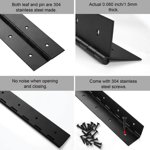 Set Of Two Heavy Duty Piano Hinges Measure 48 By 3 Inches Made From Real 0.060 Thick Thirty Four Stainless Steel In Matte Black, showing hinges and screws.