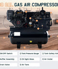 Rugged 13 Horsepower Gas Air Compressor Featuring A Bulletproof 30 Gallon Horizontal Tank with labeled components and features.