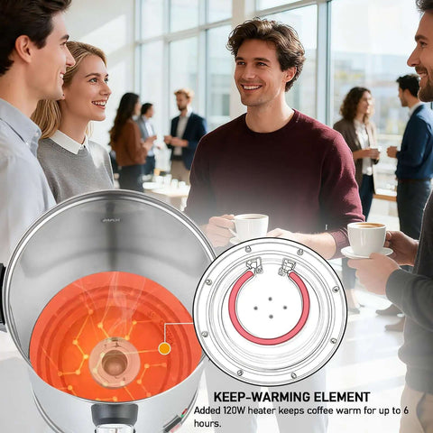 People gathering around Beefy 100 Cup Commercial Coffee Urn With 1300W Quick Brew Heavy Duty Stainless Steel Double Wall Industrial Electric Percolator Hot Coffee Warmer Tea Water Dispenser For Catering And Church Events with warming element diagram visible.