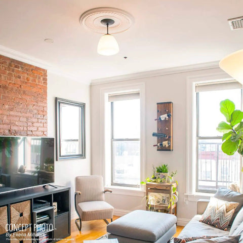 Bright living room with 13 Inch Outer Diameter 3 And A Half Inch Inner Diameter 1 And A Quarter Inch Projection Traditional Thermoformed PVC Ceiling Medallion Lightweight Moisture Resistant Easy Install For Canopies Up To 7 And A Half Inches installed.