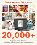 Create Without Extra Costs graphic with 20,000+ designs, showcasing vinyl cutting machine interface and various craft examples.