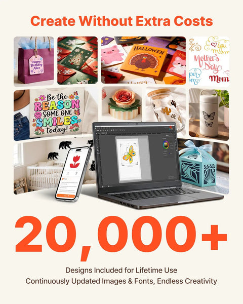 Create Without Extra Costs graphic with 20,000+ designs, showcasing vinyl cutting machine interface and various craft examples.