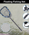 Floating Landing Net For Kayak Fishing With Rubber Coated Hoop And Foldable Telescopic Handle shown on water surface