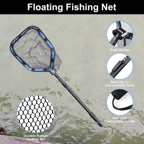 Floating Landing Net For Kayak Fishing With Rubber Coated Hoop And Foldable Telescopic Handle shown on water surface