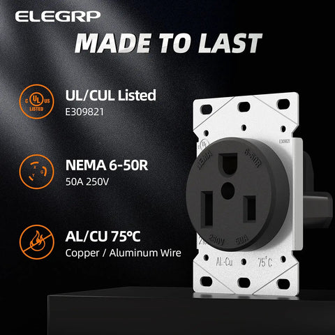 50 Amp 250V Flush Mount Power Outlet NEMA 6 50R Welder Receptacle with UL Listing and Galvanized Steel Mounting