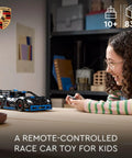 Child playing with Porsche GT4 EPerformance Remote Control Race Car Toy With Realistic Details Technic Style Build Kit