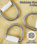 Stainless steel D-rings on sand-colored HDPE fabric, part of Customizable Outdoor Shade Sail 20 By 20 By 28.3 Feet Triangle Sunshade Canopy For Patio UV Resistant Blocks Up To 95 Percent Of Harmful Rays Breathable HDPE Fabric Keeps Airflow Cool And Comfortable Sand Color.